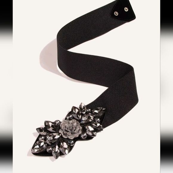 Ornate Rhinestone Black Victorian Stretch Wide Belt - Picture 3 of 6